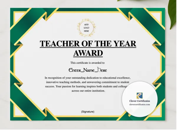 Teacher Of The Year Certificate presented in a sleek wooden frame, elegantly arranged on a stylish table.