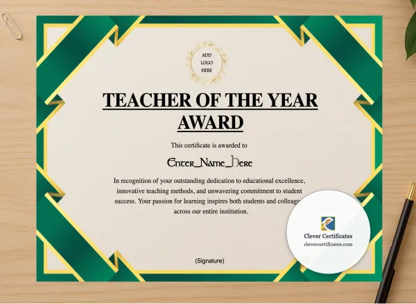 Professional preview of Teacher Of The Year Certificate certificate on high-quality stationery paper, ideal for showcasing the final look.