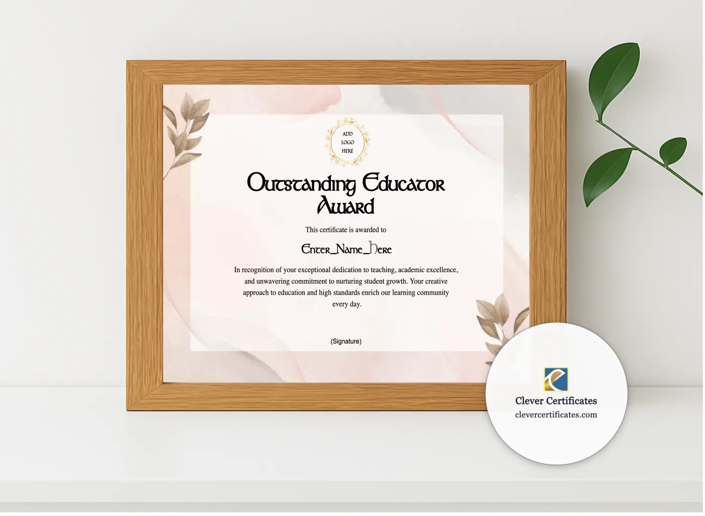 Realistic mockup featuring Outstanding Educator Award displayed within a modern frame, set against a minimalistic background.