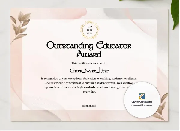 Outstanding Educator Award presented in a sleek wooden frame, elegantly arranged on a stylish table.