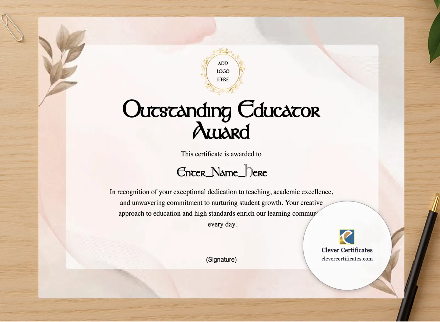 Professional preview of Outstanding Educator Award certificate on high-quality stationery paper, ideal for showcasing the final look.