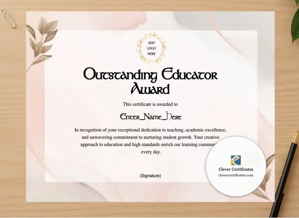 Professional preview of Outstanding Educator Award certificate on high-quality stationery paper, ideal for showcasing the final look.