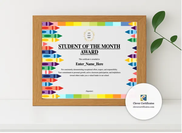 Realistic mockup featuring Student Of The Month Certificate displayed within a modern frame, set against a minimalistic background.