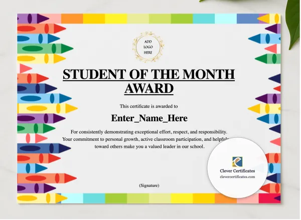 Student Of The Month Certificate presented in a sleek wooden frame, elegantly arranged on a stylish table.