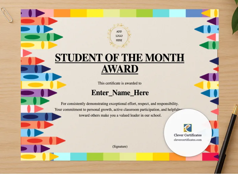 Professional preview of Student Of The Month Certificate certificate on high-quality stationery paper, ideal for showcasing the final look.