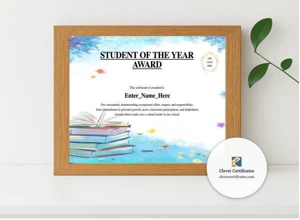 Realistic mockup featuring Student Of The Year Certificate displayed within a modern frame, set against a minimalistic background.
