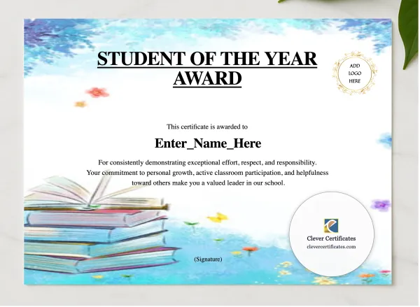 Student Of The Year Certificate presented in a sleek wooden frame, elegantly arranged on a stylish table.