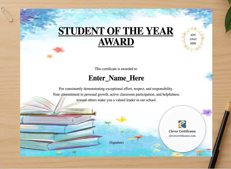 Professional preview of Student Of The Year Certificate certificate on high-quality stationery paper, ideal for showcasing the final look.