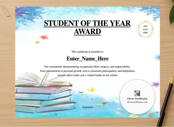 Professional preview of Student Of The Year Certificate certificate on high-quality stationery paper, ideal for showcasing the final look.