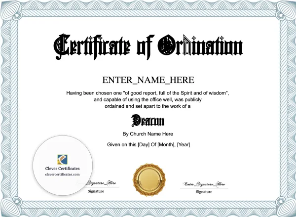 Free Deacon Ordination Certificate — Landscape