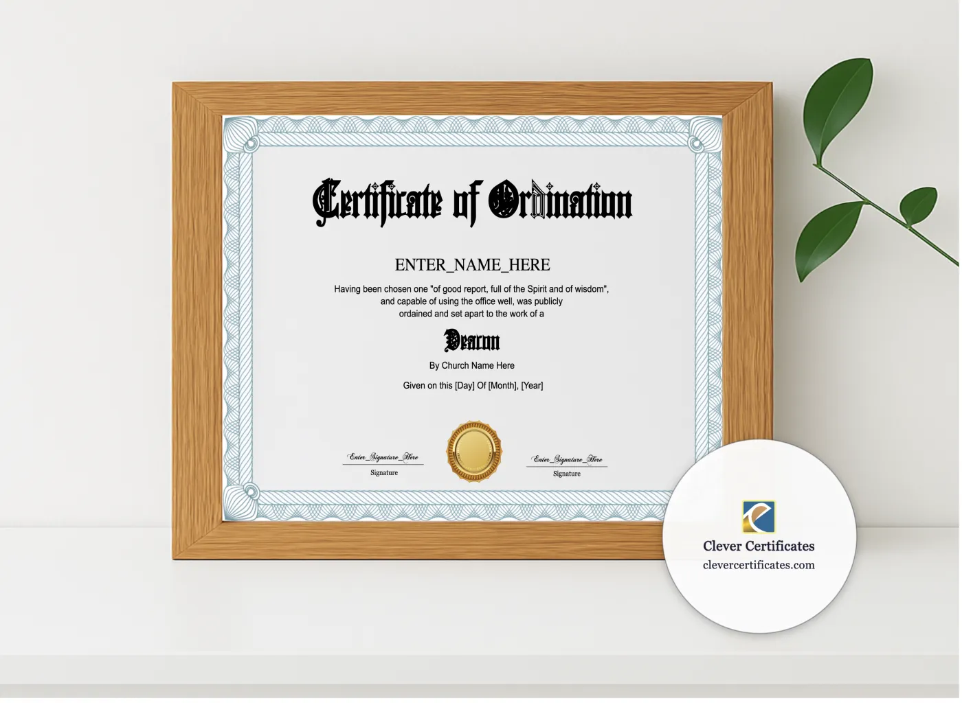 Realistic mockup featuring Deacon Ordination Certificate Landscape displayed within a modern frame, set against a minimalistic background.