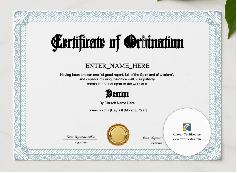 Deacon Ordination Certificate Landscape presented in a sleek wooden frame, elegantly arranged on a stylish table.