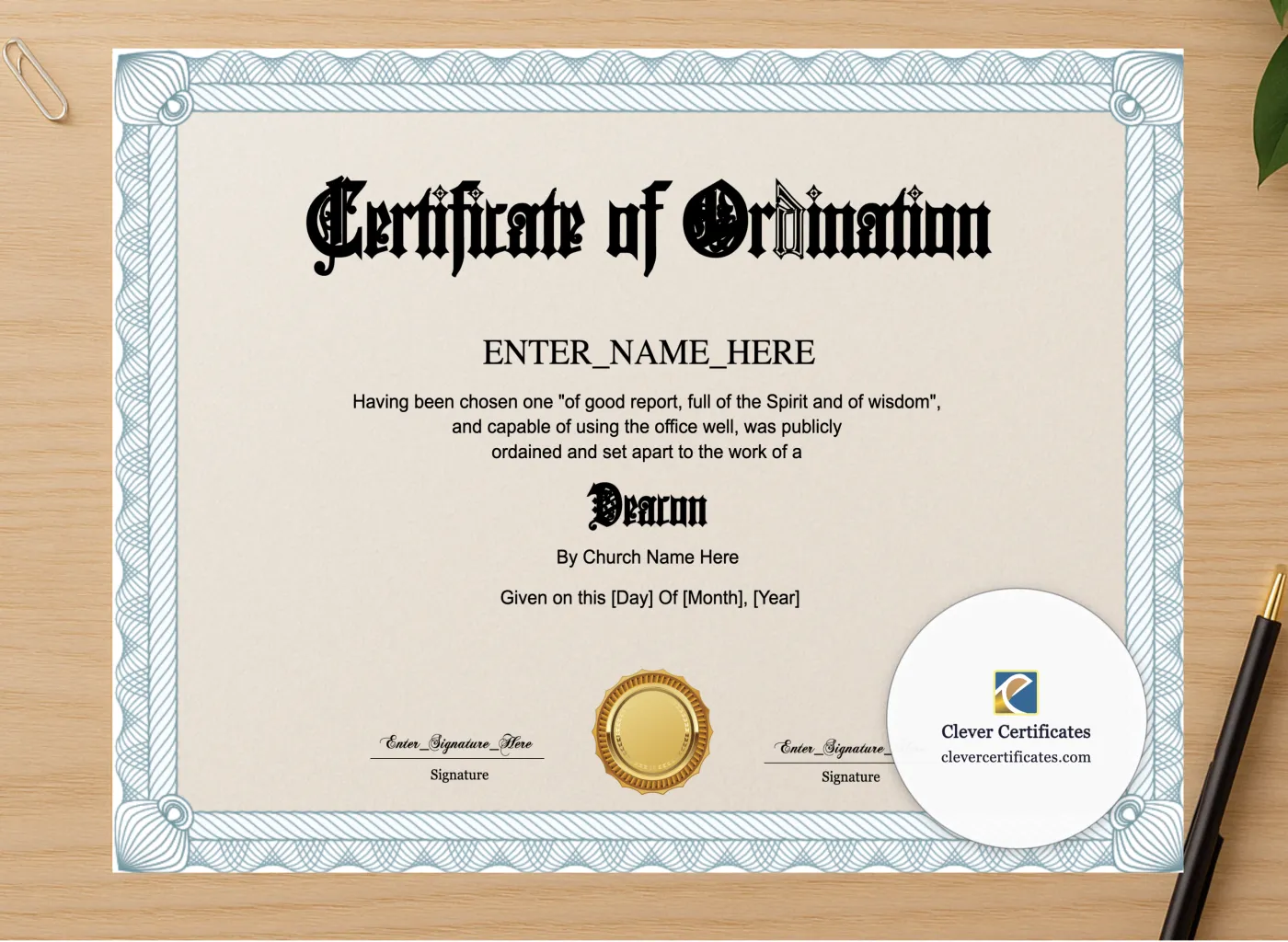 Professional preview of Deacon Ordination Certificate Landscape certificate on high-quality stationery paper, ideal for showcasing the final look.