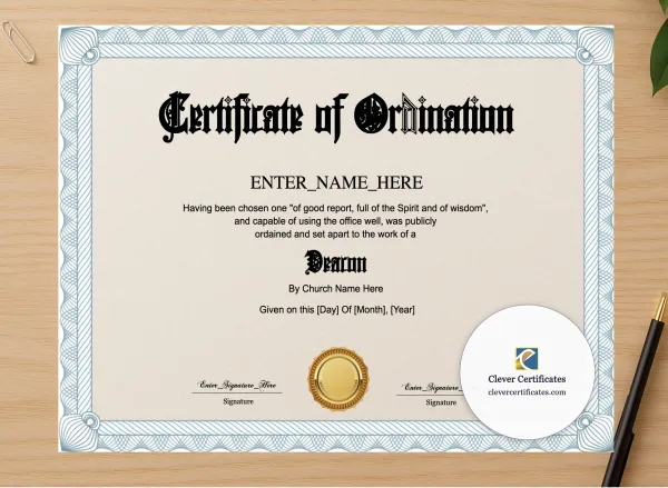 Professional preview of Deacon Ordination Certificate Landscape certificate on high-quality stationery paper, ideal for showcasing the final look.