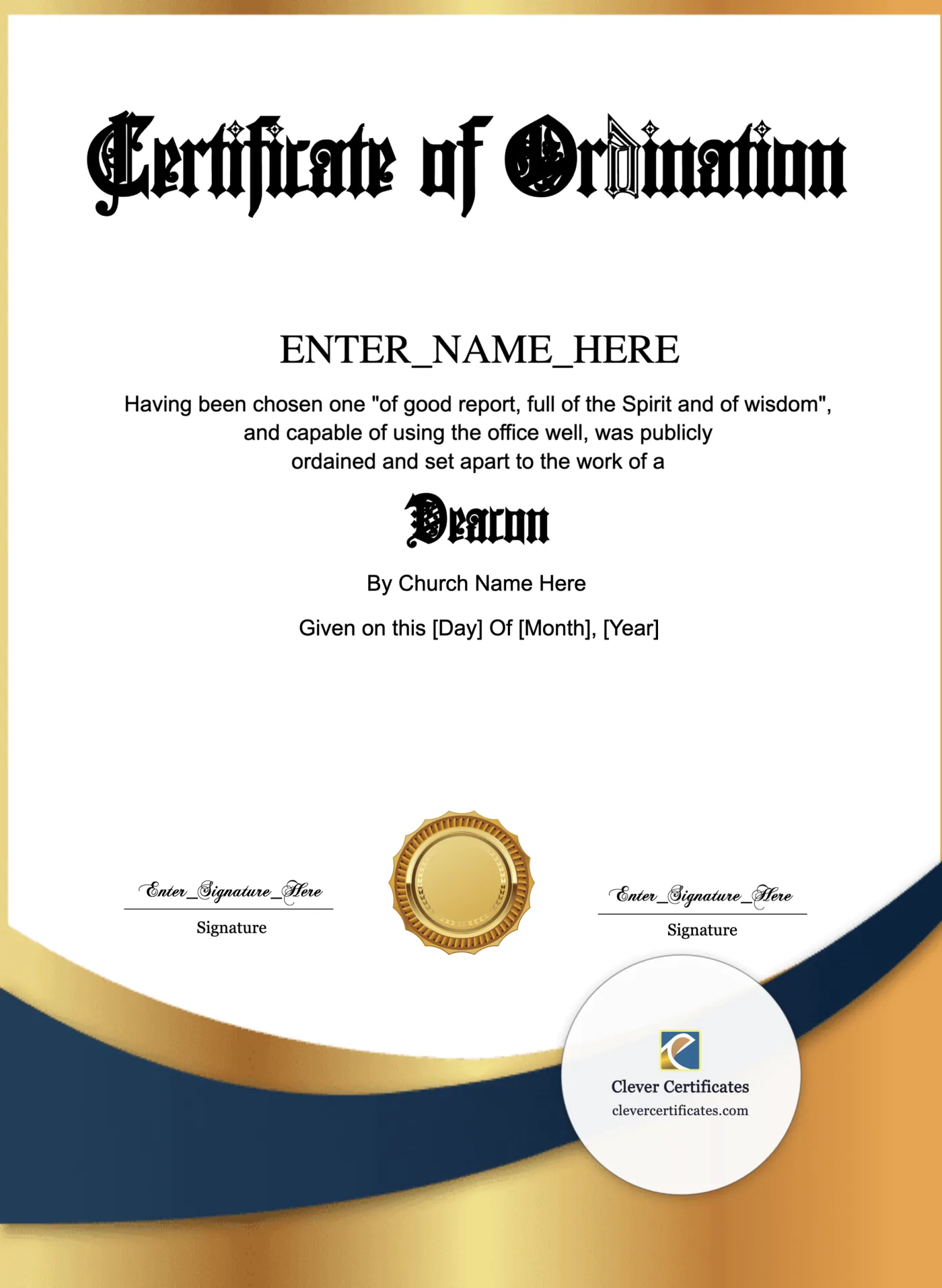 Deacon Ordination Certificate Portrait — Certificate Template Preview