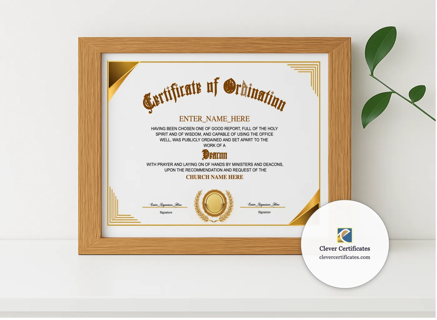 Realistic mockup featuring Baptist Deacon Ordination Certificate Landscape displayed within a modern frame, set against a minimalistic background.