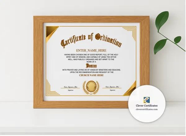 Realistic mockup featuring Baptist Deacon Ordination Certificate Landscape displayed within a modern frame, set against a minimalistic background.
