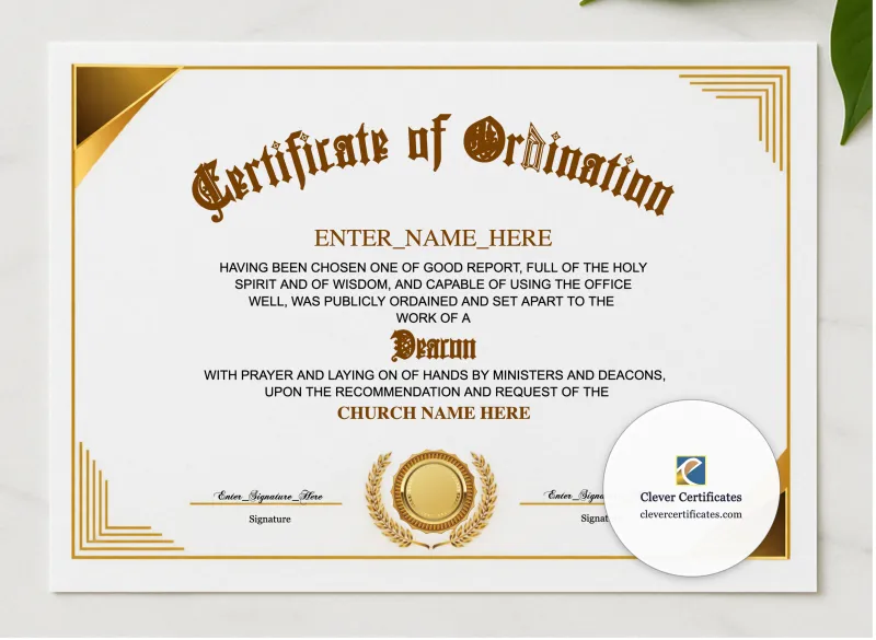 Baptist Deacon Ordination Certificate Landscape presented in a sleek wooden frame, elegantly arranged on a stylish table.