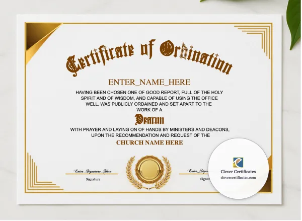 Baptist Deacon Ordination Certificate Landscape presented in a sleek wooden frame, elegantly arranged on a stylish table.