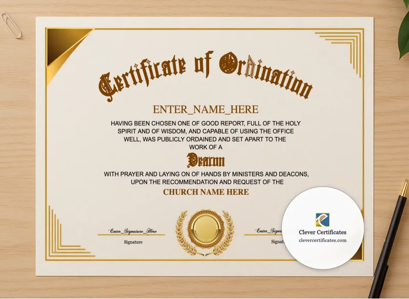 Professional preview of Baptist Deacon Ordination Certificate Landscape certificate on high-quality stationery paper, ideal for showcasing the final look.