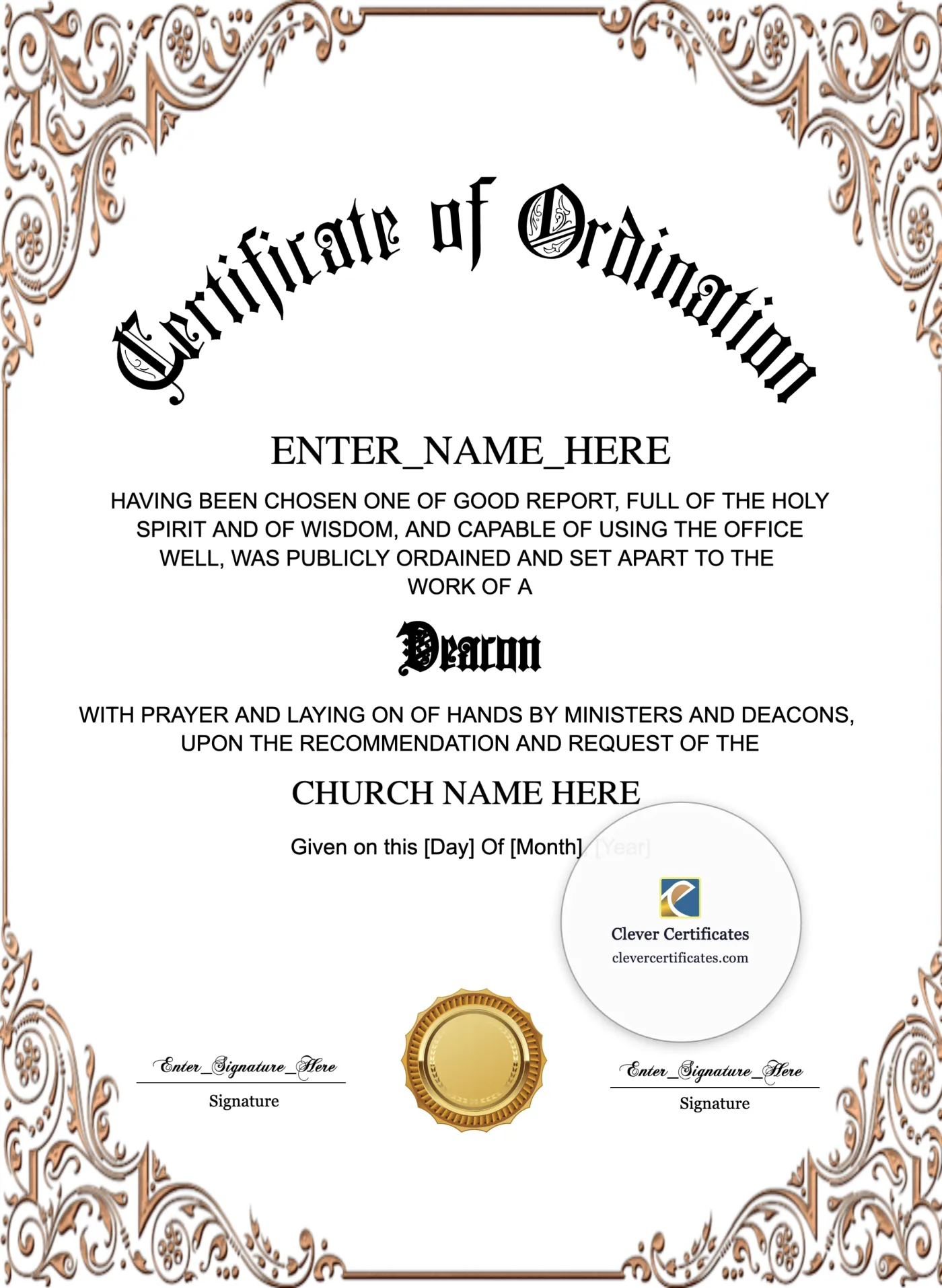 Baptist Deacon Ordination Certificate Portrait — Certificate Template Preview