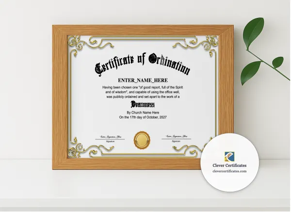 Realistic mockup featuring Deaconess Ordination Certificate displayed within a modern frame, set against a minimalistic background.