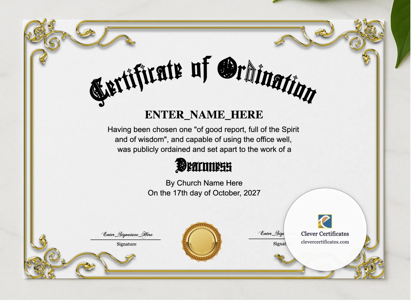 Deaconess Ordination Certificate presented in a sleek wooden frame, elegantly arranged on a stylish table.