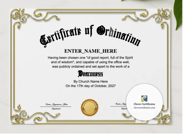 Deaconess Ordination Certificate presented in a sleek wooden frame, elegantly arranged on a stylish table.