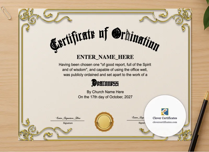 Professional preview of Deaconess Ordination Certificate certificate on high-quality stationery paper, ideal for showcasing the final look.