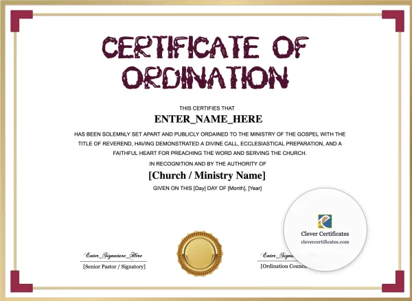 Free Pastor Ordination Certificate — Landscape