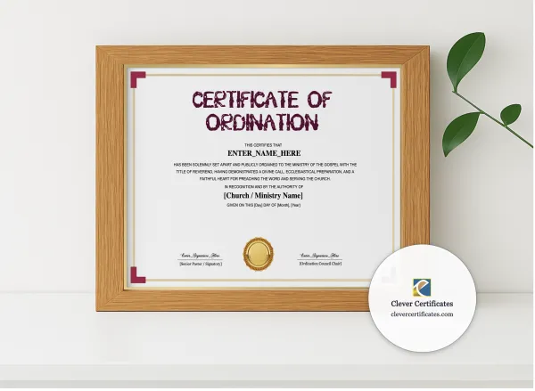 Realistic mockup featuring Pastor Ordination Certificate Landscape displayed within a modern frame, set against a minimalistic background.
