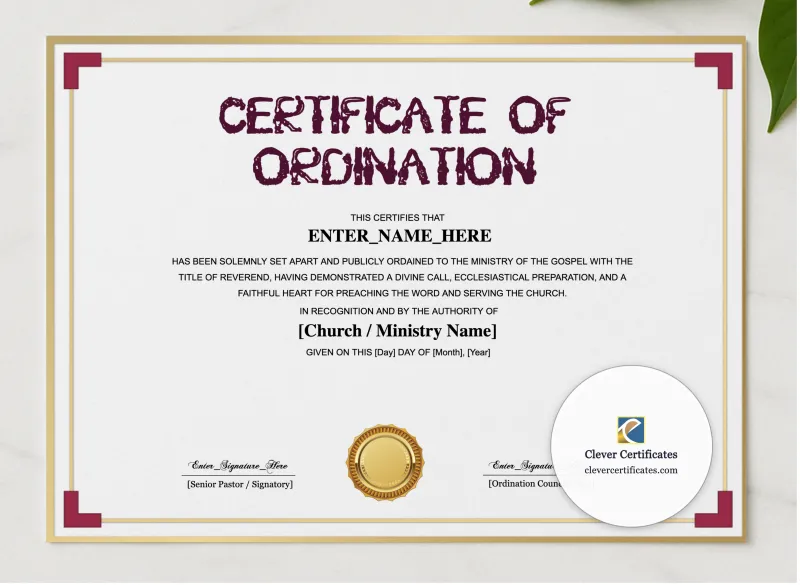 Pastor Ordination Certificate Landscape presented in a sleek wooden frame, elegantly arranged on a stylish table.
