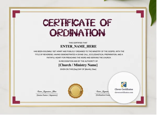Pastor Ordination Certificate Landscape presented in a sleek wooden frame, elegantly arranged on a stylish table.