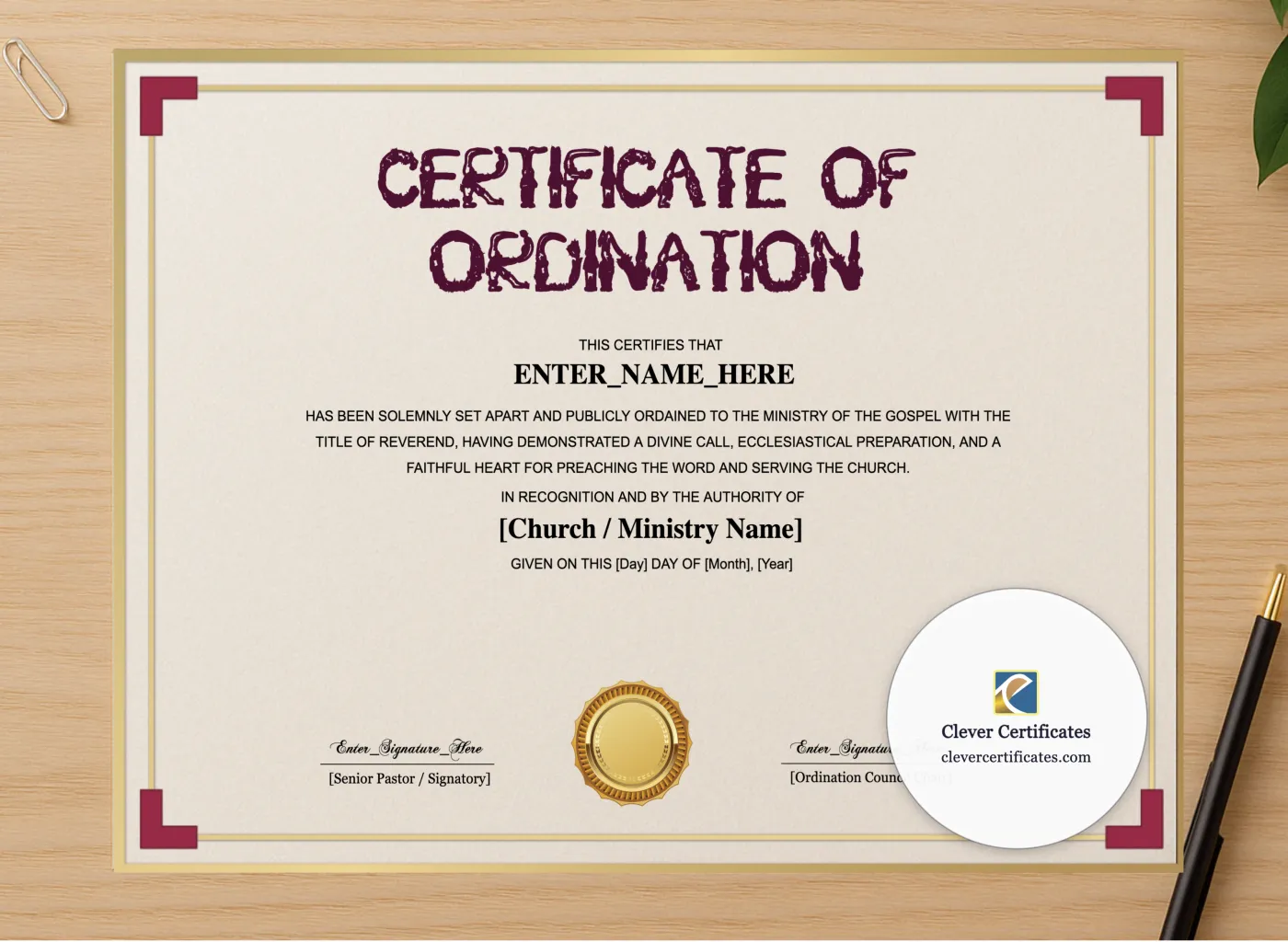 Professional preview of Pastor Ordination Certificate Landscape certificate on high-quality stationery paper, ideal for showcasing the final look.