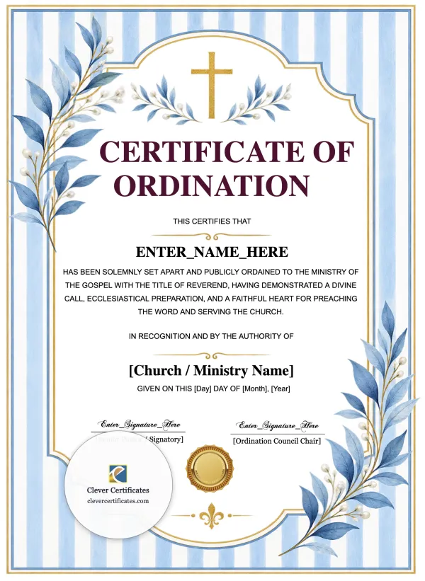 Pastor Ordination Certificate Portrait — Certificate Template Preview