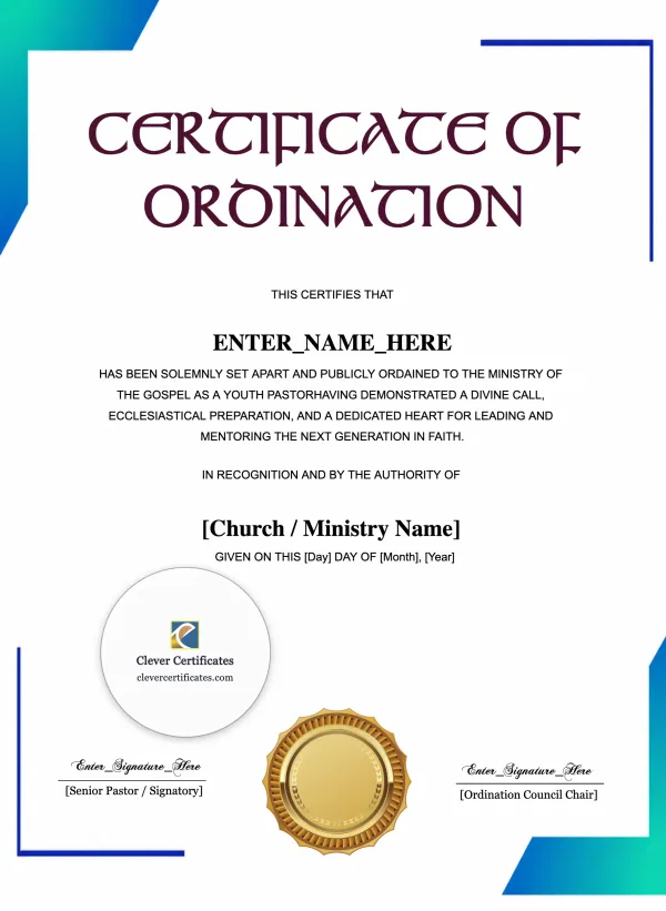 Reverend Ordination Certificate Portrait — Certificate Template Preview