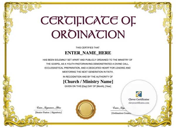 Free Reverend Ordination Certificate — Landscape