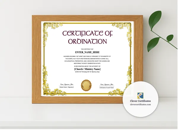 Realistic mockup featuring Reverend Ordination Certificate Landscape displayed within a modern frame, set against a minimalistic background.