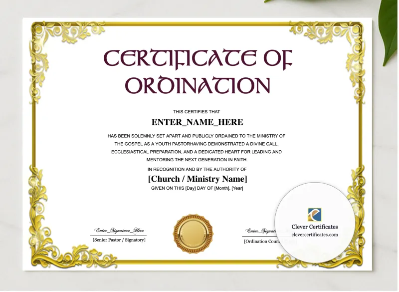 Reverend Ordination Certificate Landscape presented in a sleek wooden frame, elegantly arranged on a stylish table.