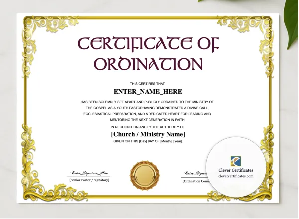 Reverend Ordination Certificate Landscape presented in a sleek wooden frame, elegantly arranged on a stylish table.
