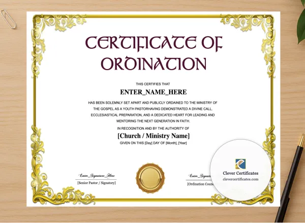 Professional preview of Reverend Ordination Certificate Landscape certificate on high-quality stationery paper, ideal for showcasing the final look.