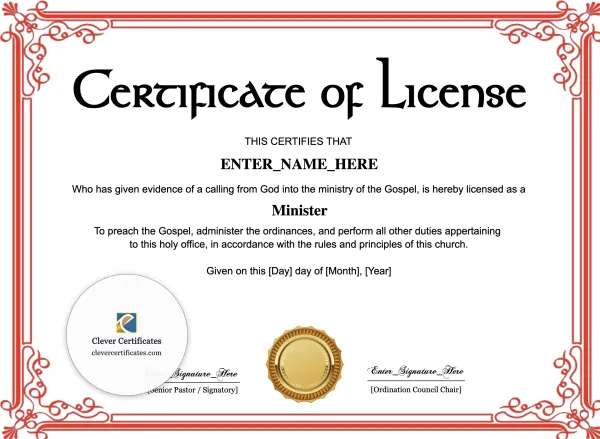 Free License to Preach Certificate — Landscape