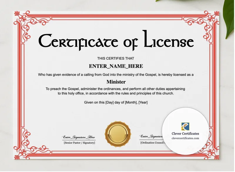 License To Preach Certificate Landscape presented in a sleek wooden frame, elegantly arranged on a stylish table.
