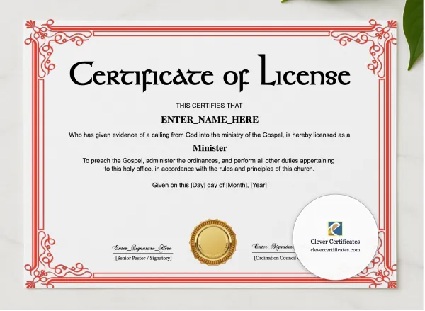 License To Preach Certificate Landscape presented in a sleek wooden frame, elegantly arranged on a stylish table.