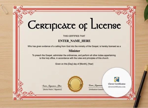 Professional preview of License To Preach Certificate Landscape certificate on high-quality stationery paper, ideal for showcasing the final look.