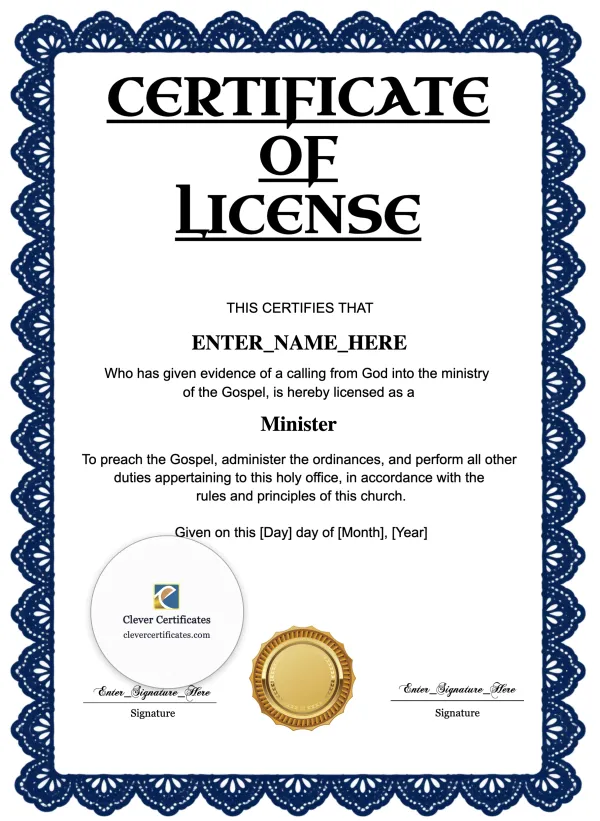 License To Preach Certificate Portrait — Certificate Template Preview