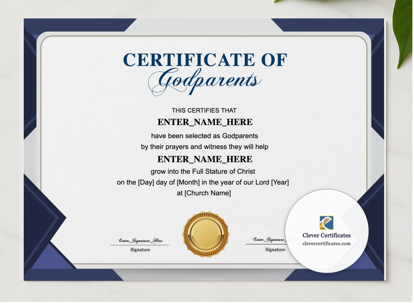 Godparents Certificate Landscape presented in a sleek wooden frame, elegantly arranged on a stylish table.