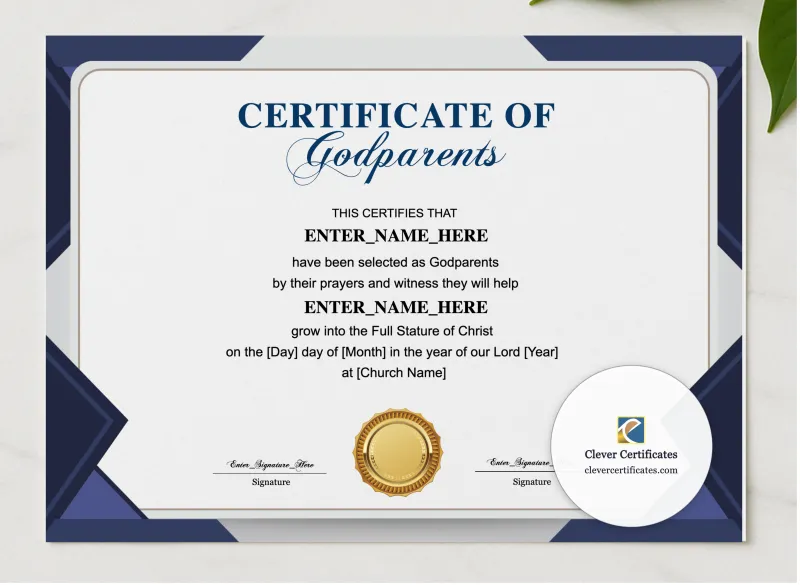 Godparents Certificate Landscape presented in a sleek wooden frame, elegantly arranged on a stylish table.