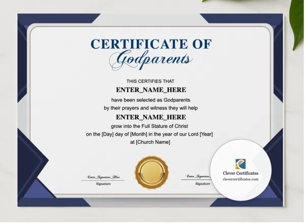 Godparents Certificate Landscape presented in a sleek wooden frame, elegantly arranged on a stylish table.