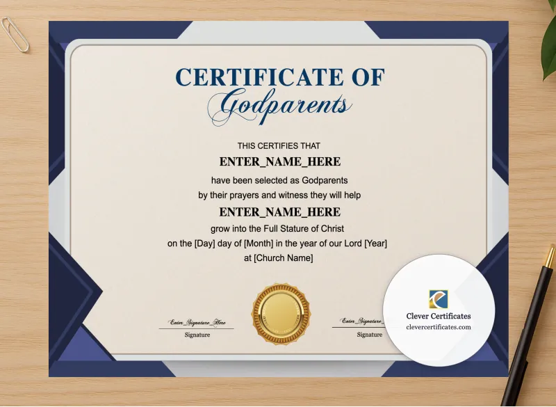 Professional preview of Godparents Certificate Landscape certificate on high-quality stationery paper, ideal for showcasing the final look.